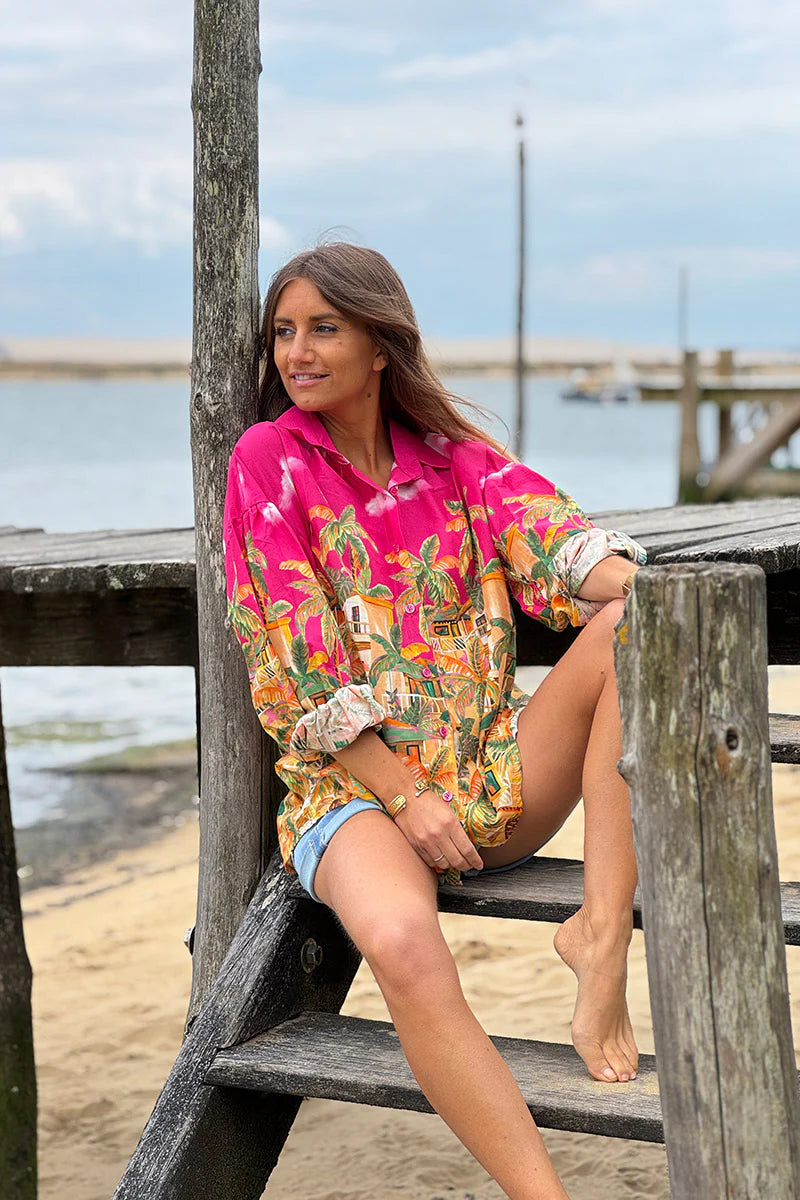 Pink Tropical Getaway Button-Down Blouse