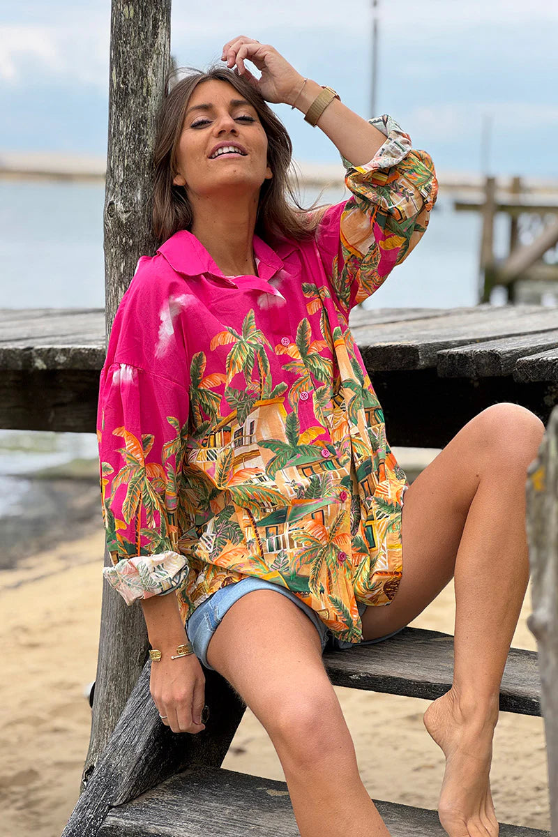 Pink Tropical Getaway Button-Down Blouse