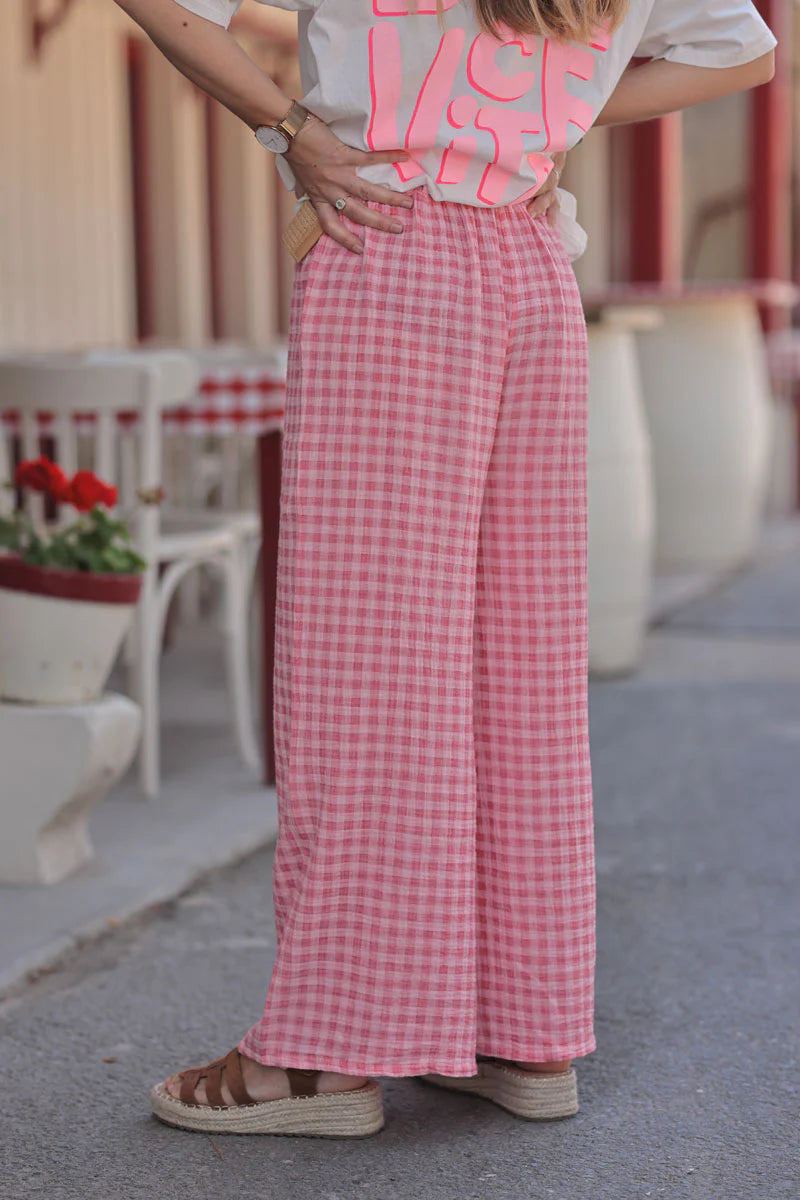 Pink Gingham Gauze Belted Pants
