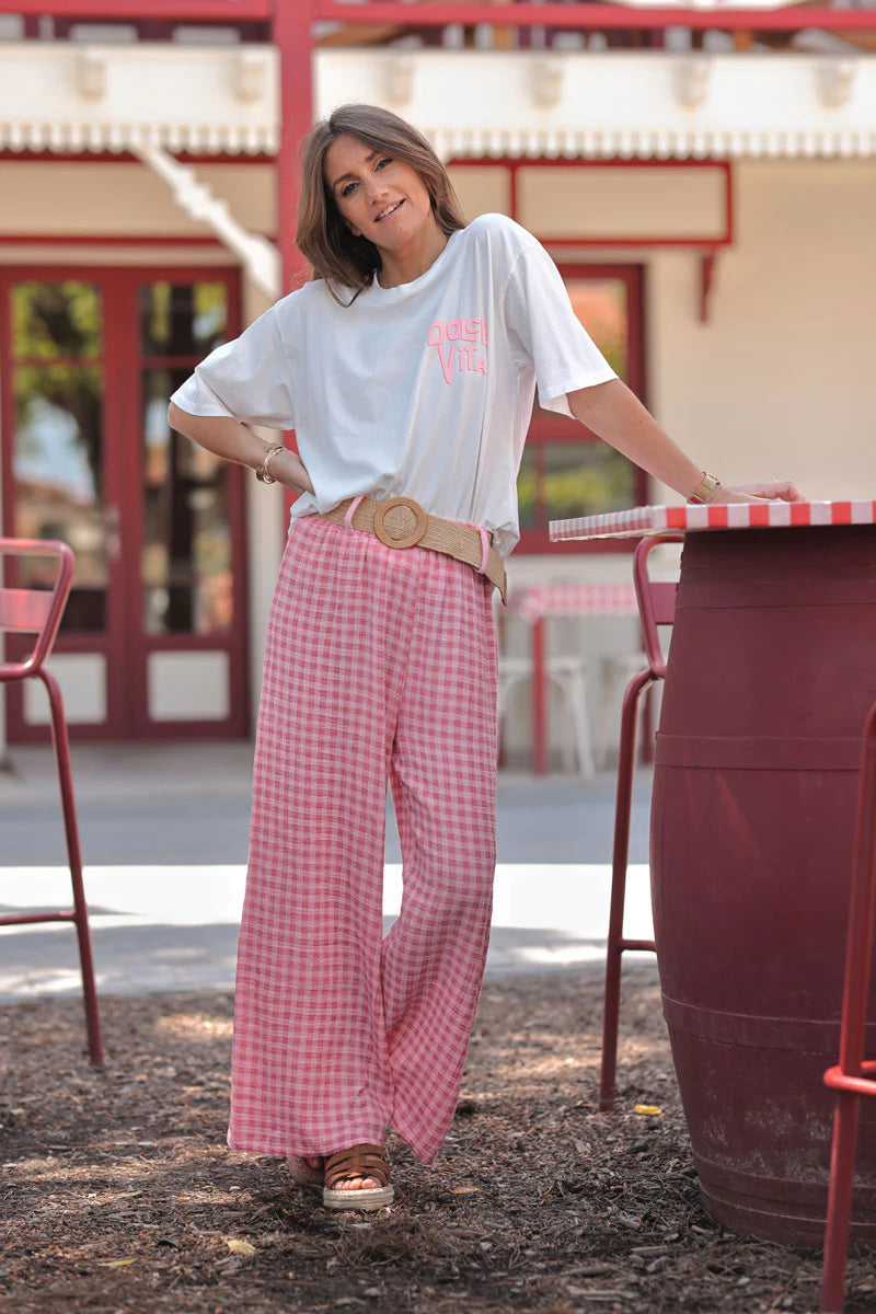 Pink Gingham Gauze Belted Pants