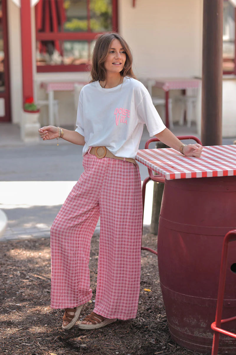 Pink Gingham Gauze Belted Pants