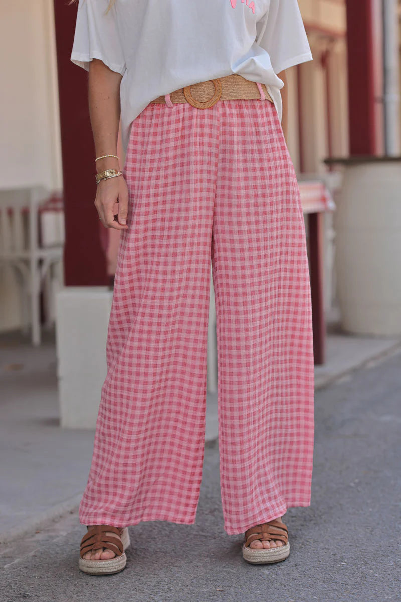 Pink Gingham Gauze Belted Pants