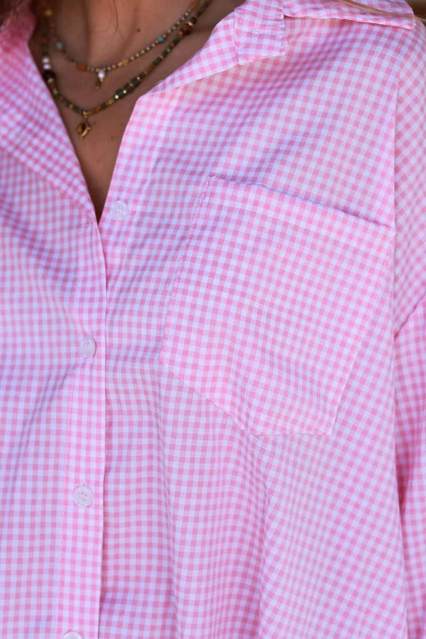Pink Gingham Slouchy Button-Down Blouse