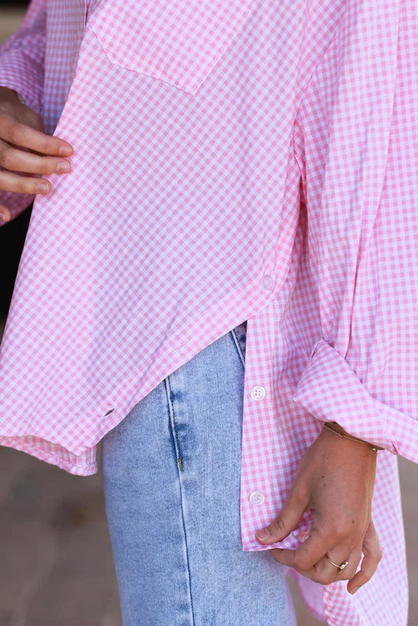 Pink Gingham Slouchy Button-Down Blouse