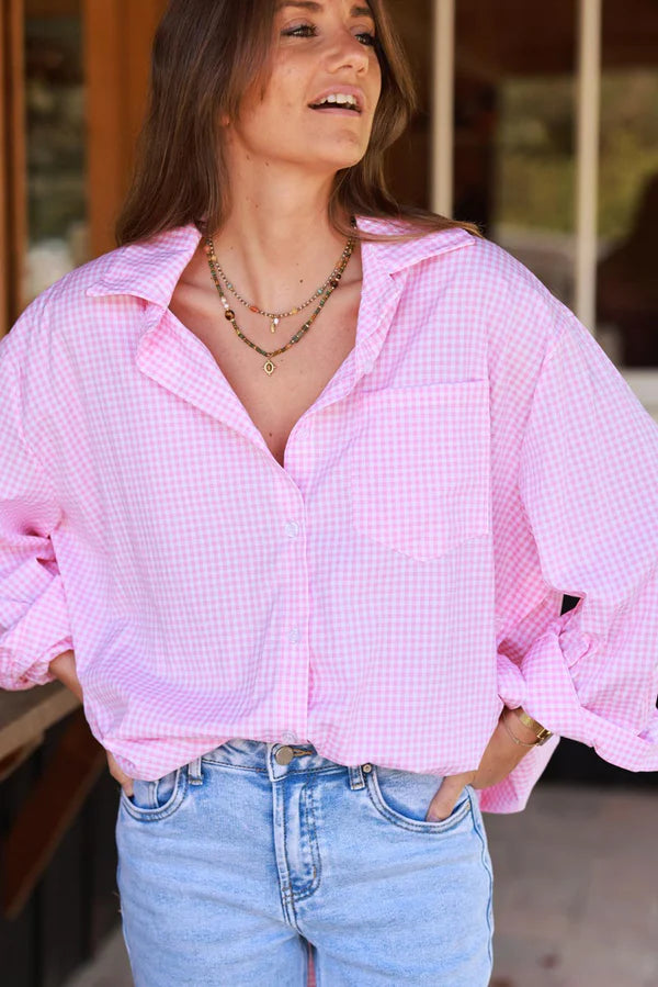 Pink Gingham Slouchy Button-Down Blouse