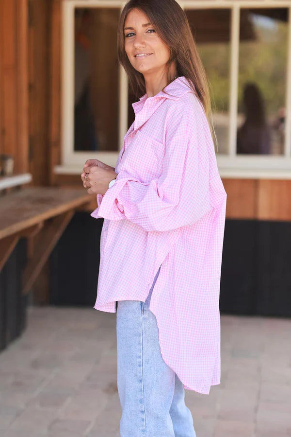 Pink Gingham Slouchy Button-Down Blouse