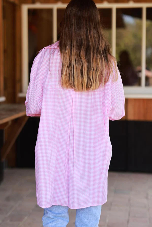 Pink Gingham Slouchy Button-Down Blouse