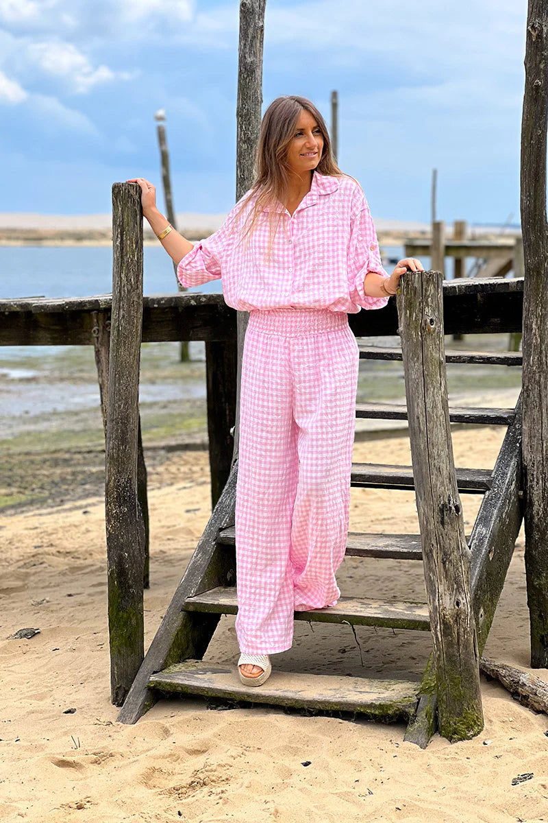 Pink Gingham Button-Down Blouse