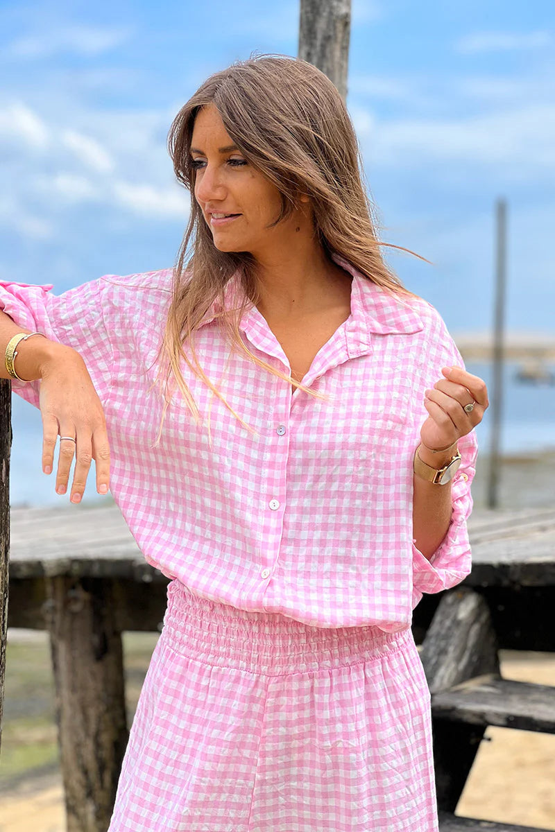 Pink Gingham Button-Down Blouse
