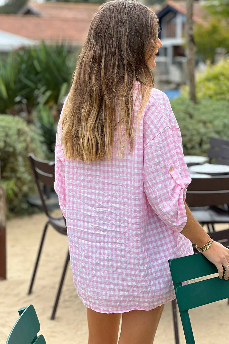 Pink Gingham Button-Down Blouse