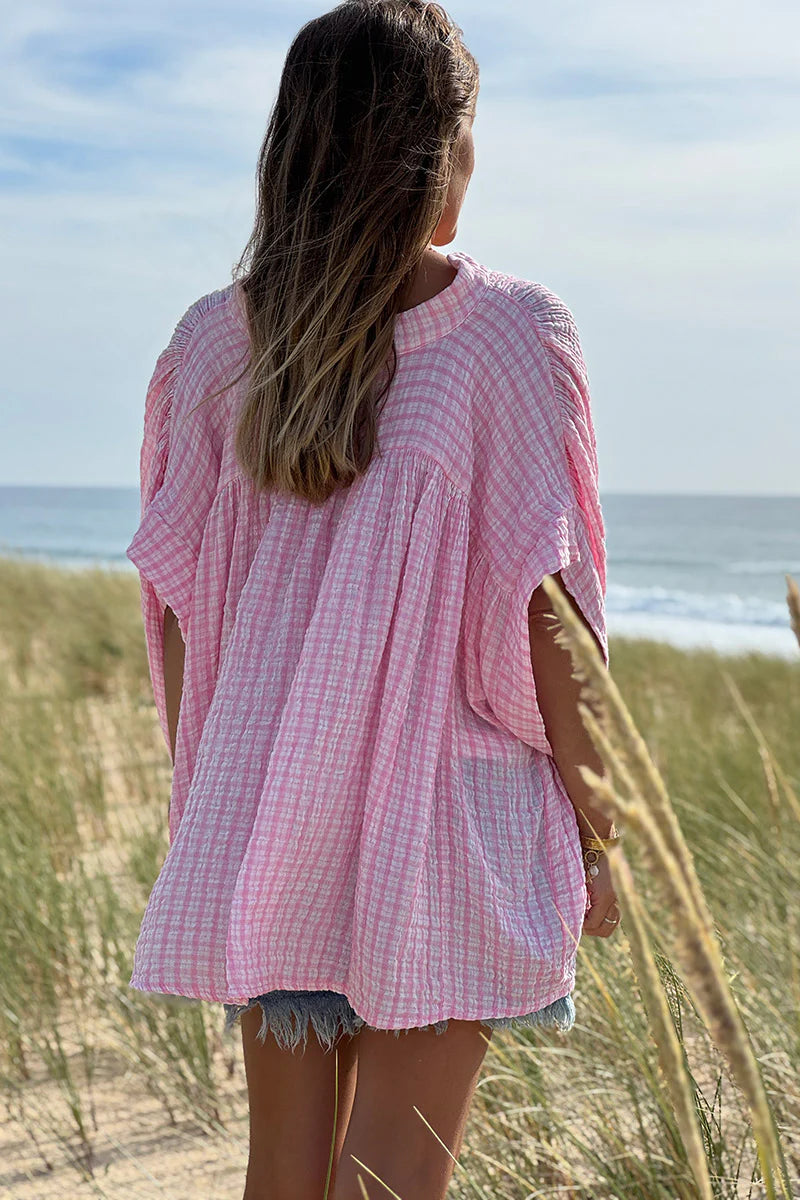 Pink Gingham V-Neck Blouse