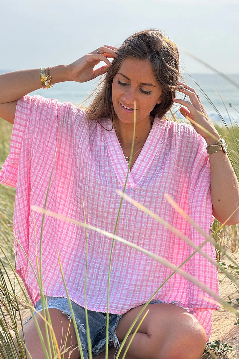 Pink Gingham V-Neck Blouse