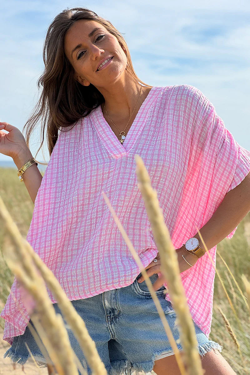 Pink Gingham V-Neck Blouse