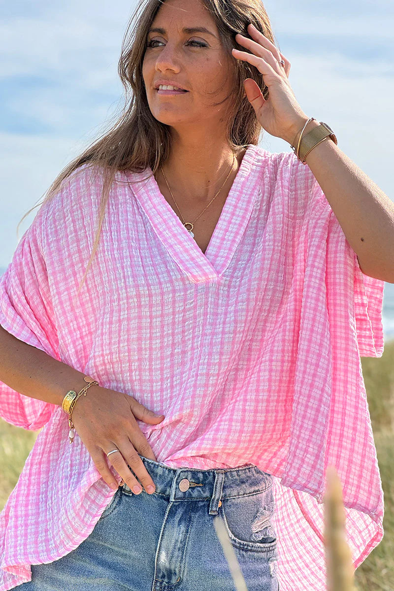 Pink Gingham V-Neck Blouse
