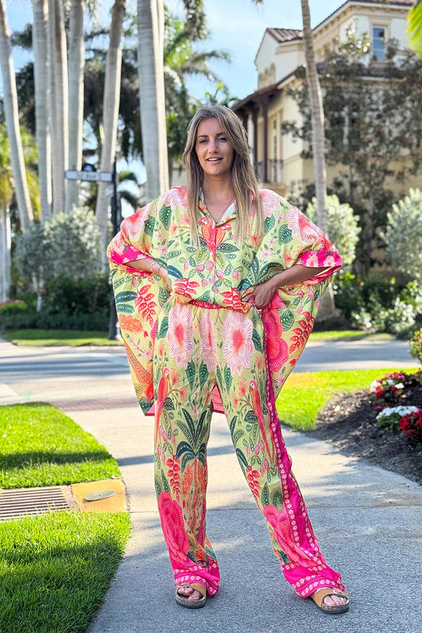 Pink and Green Batik Parrot Wide Leg Pants