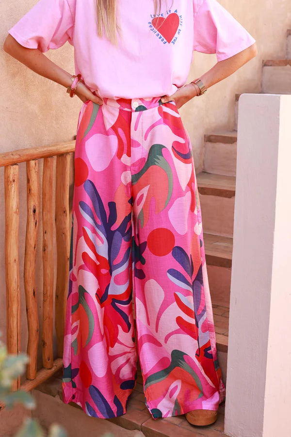 Hot Pink Jungle Leaf Wide-Leg Pull-On Pants