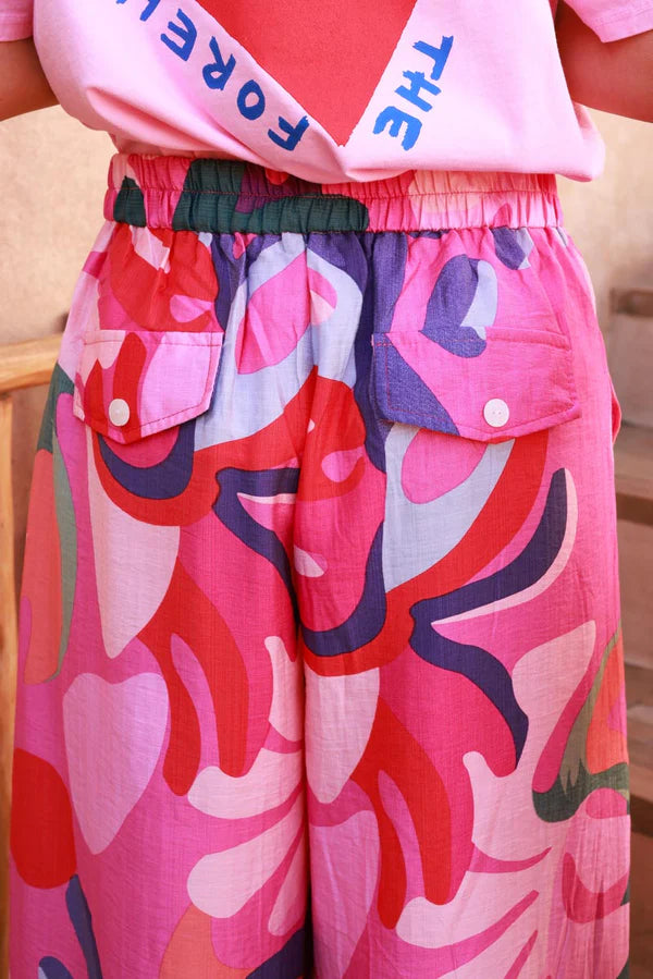Hot Pink Jungle Leaf Wide-Leg Pull-On Pants