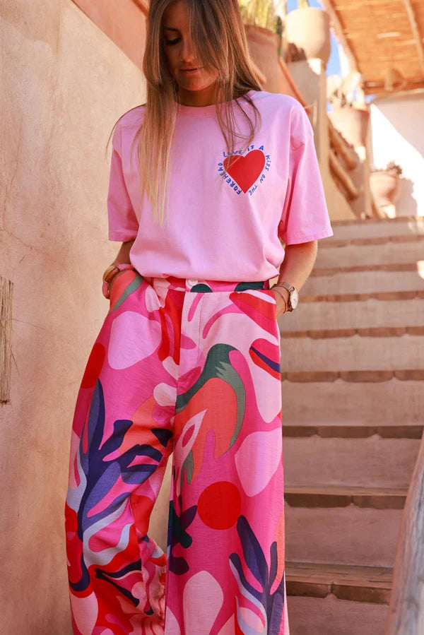 Hot Pink Jungle Leaf Wide-Leg Pull-On Pants
