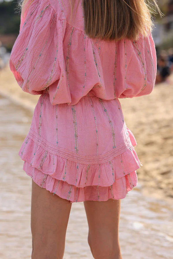 Pink layered frill woven cotton skort with metallic and colored threads