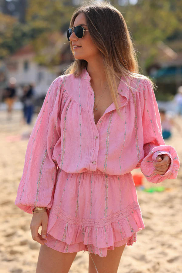 Pink layered frill woven cotton skort with metallic and colored threads