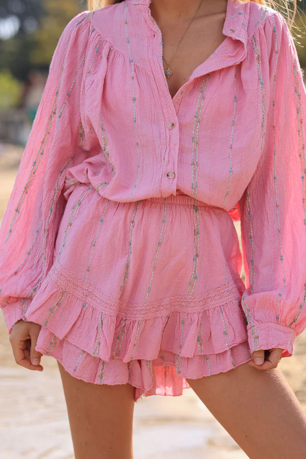 Pink layered frill woven cotton skort with metallic and colored threads