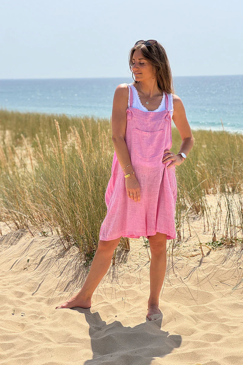 Pink Linen Romper Overalls