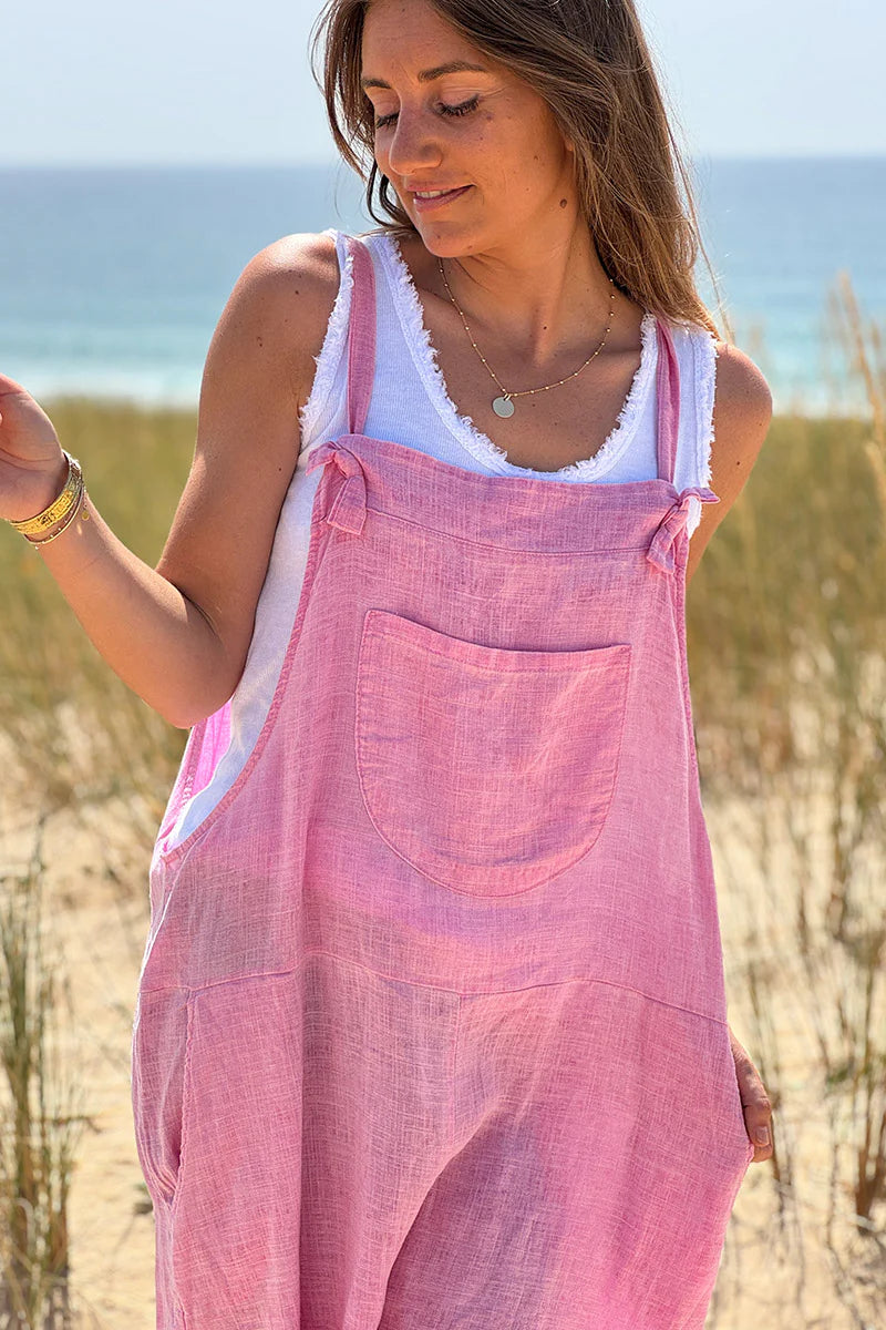Pink Linen Romper Overalls