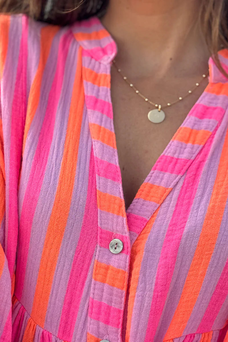 Pink Neon Stripe Bell-Sleeve Cabana Dress