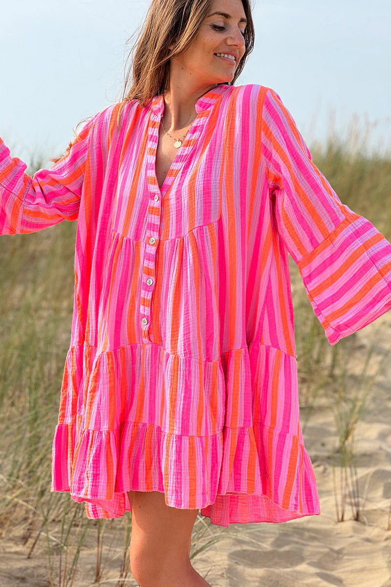 Pink Neon Stripe Bell-Sleeve Cabana Dress