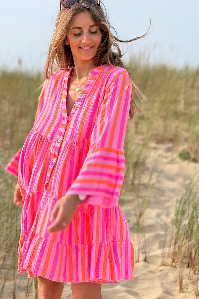 Pink Neon Stripe Bell-Sleeve Cabana Dress