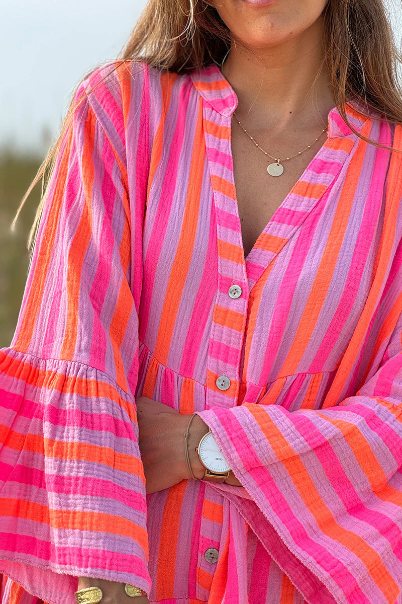 Pink Neon Stripe Bell-Sleeve Cabana Dress