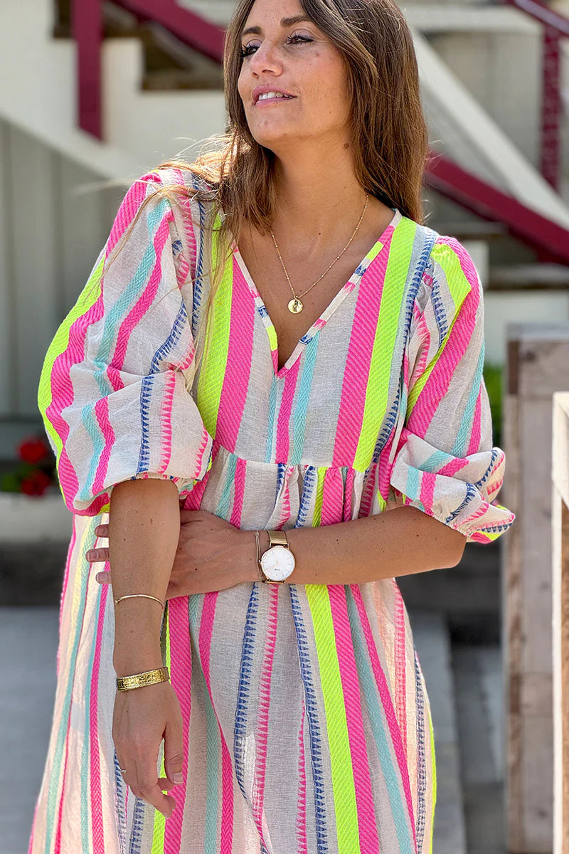 Pink Neon Stripe Boho House Dress