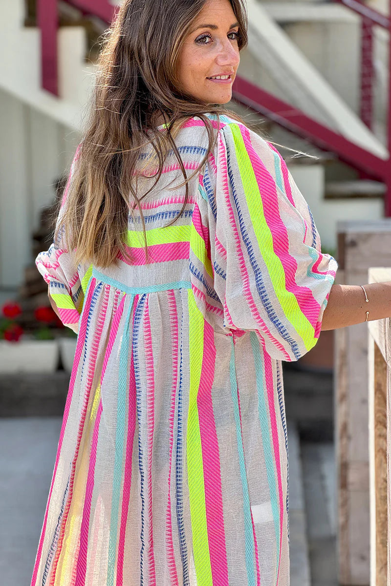 Pink Neon Stripe Boho House Dress