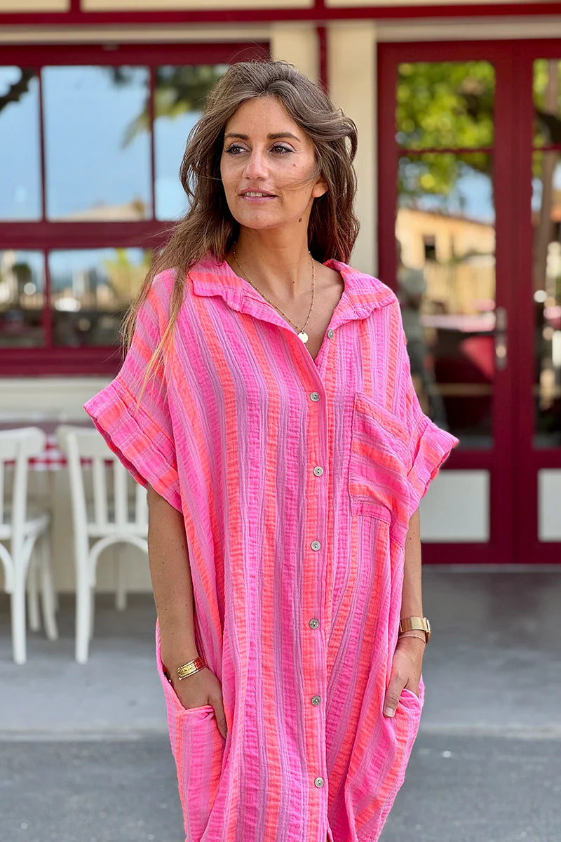 Pink Neon Stripe Button-Down Cabana Dress