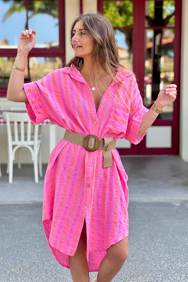 Pink Neon Stripe Button-Down Cabana Dress