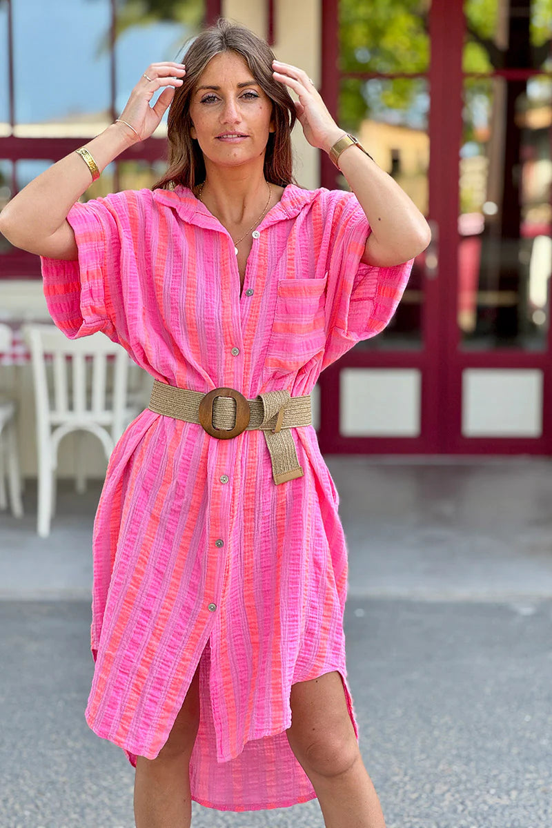 Pink Neon Stripe Button-Down Cabana Dress