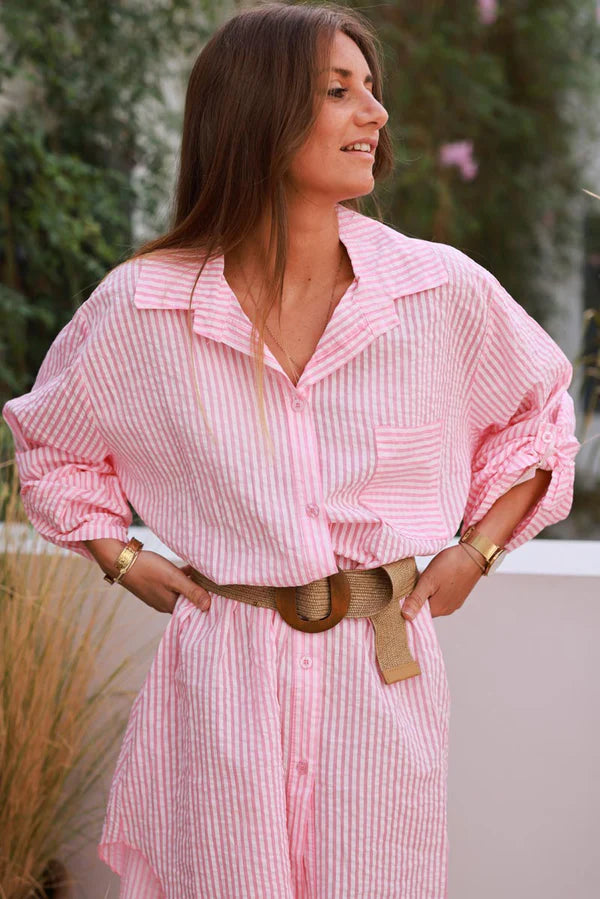 Pink Pinstripe Woven Belted Shirt Dress