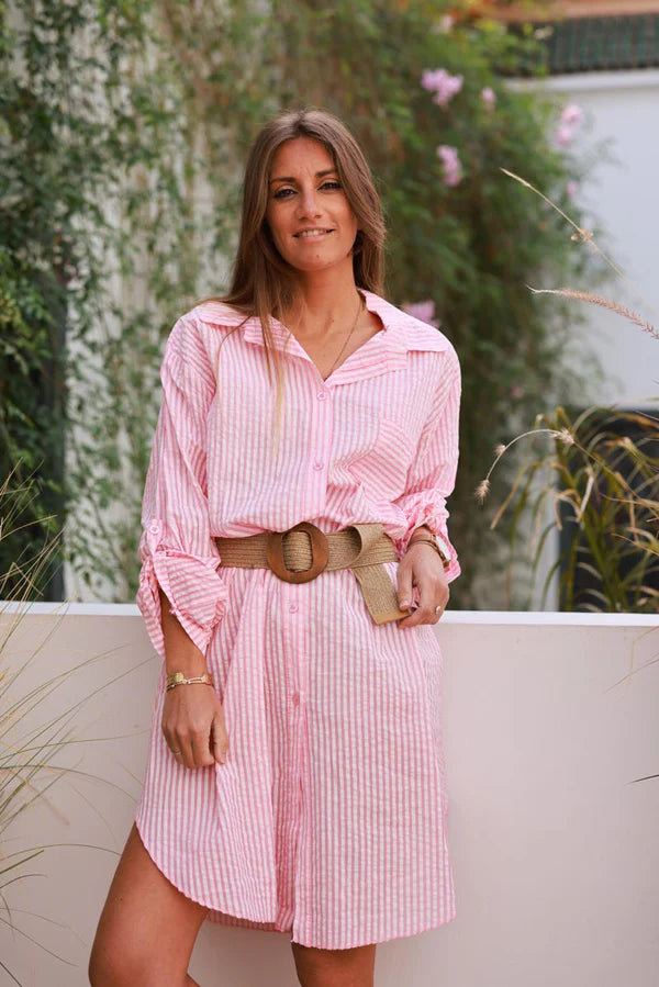 Pink Pinstripe Woven Belted Shirt Dress