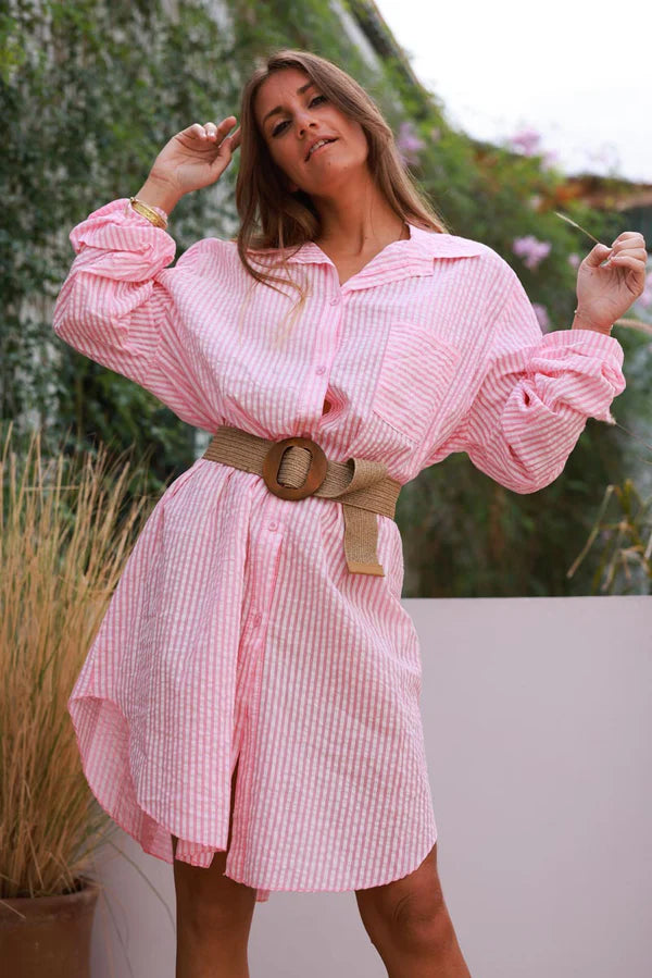 Pink Pinstripe Woven Belted Shirt Dress
