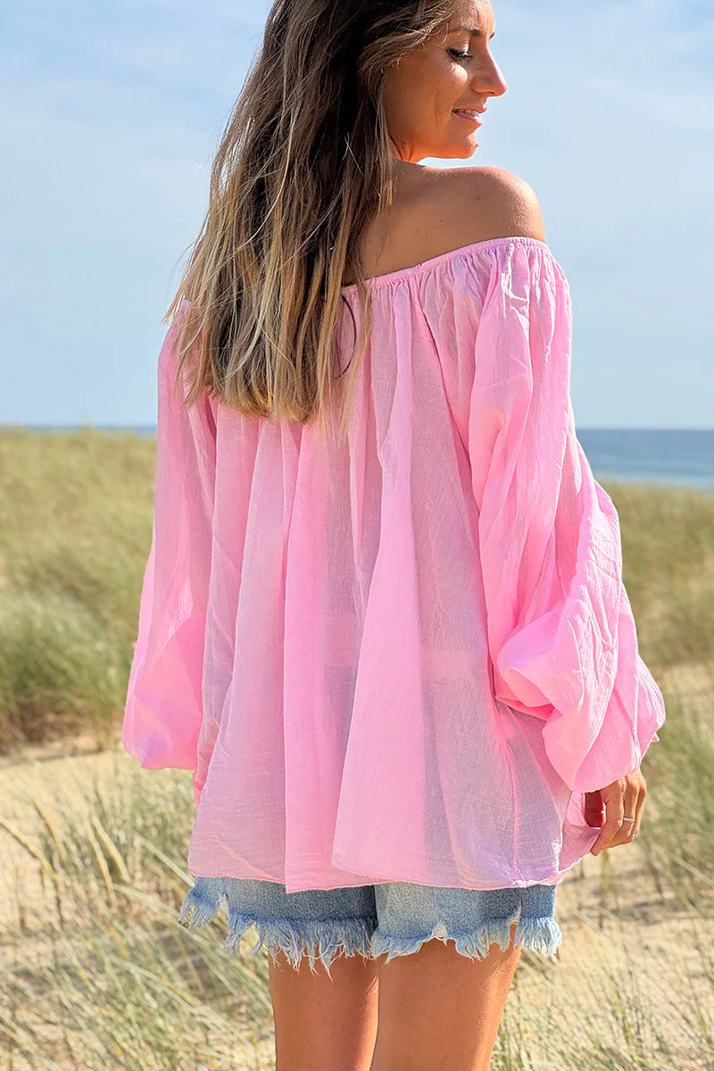 Pink Shirred Cotton Peasant Blouse
