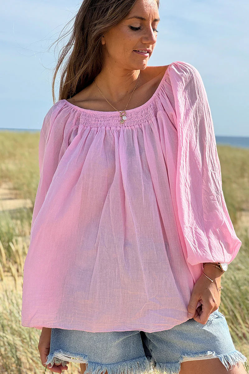 Pink Shirred Cotton Peasant Blouse