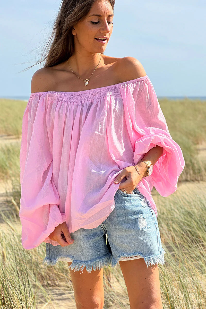Pink Shirred Cotton Peasant Blouse