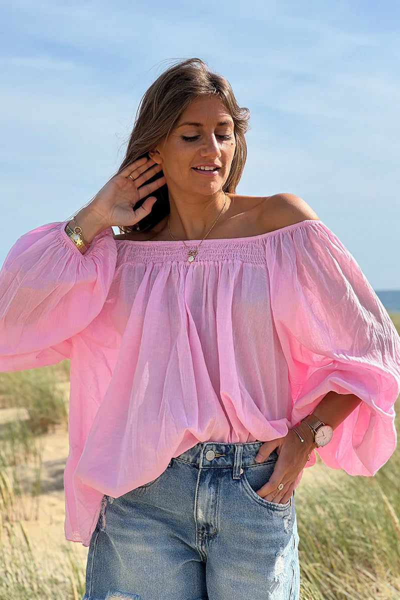 Pink Shirred Cotton Peasant Blouse