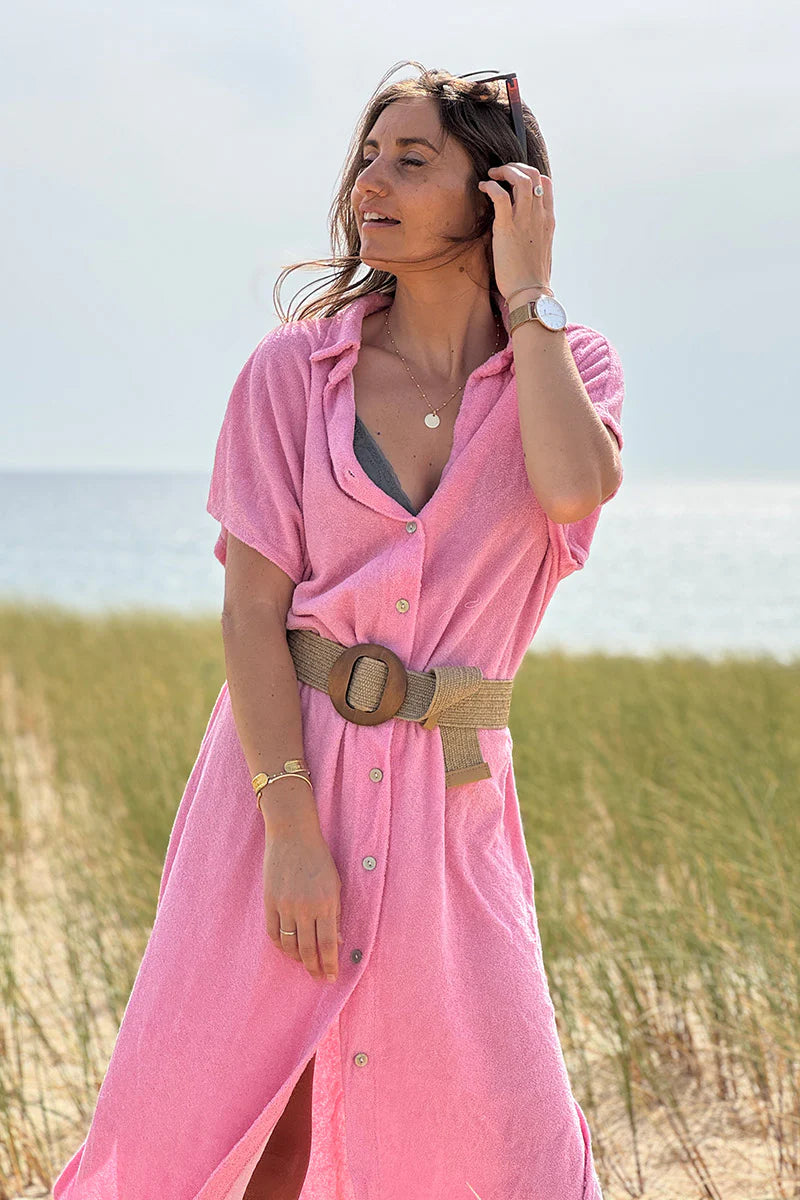 Pink Terry Cloth Button-Down Shirt Dress