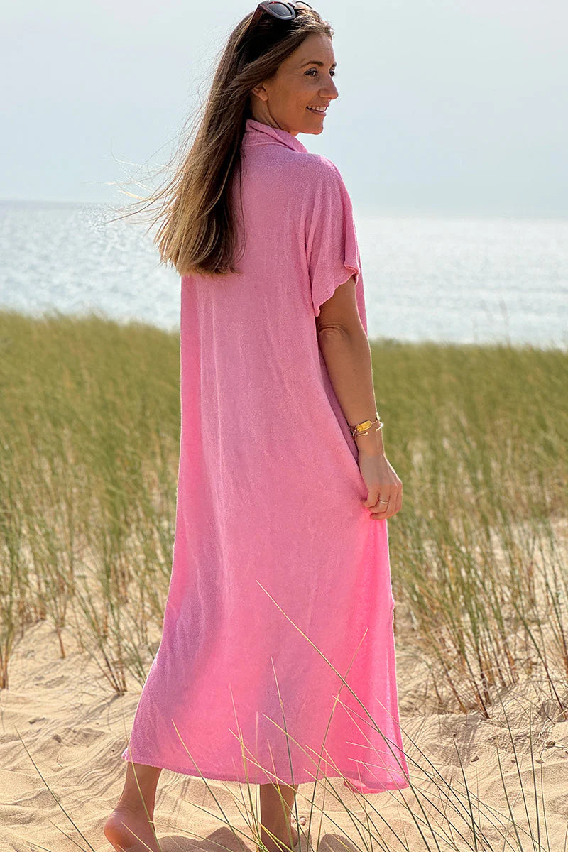 Pink Terry Cloth Button-Down Shirt Dress