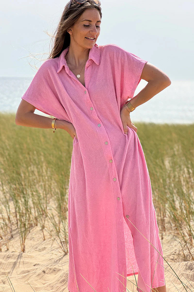 Pink Terry Cloth Button-Down Shirt Dress