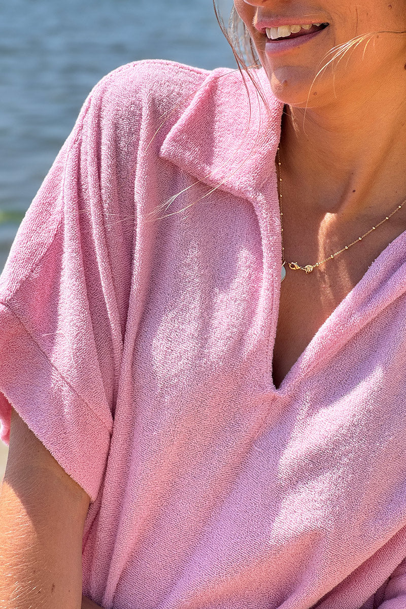Pink Terry Cloth Collared Caftan
