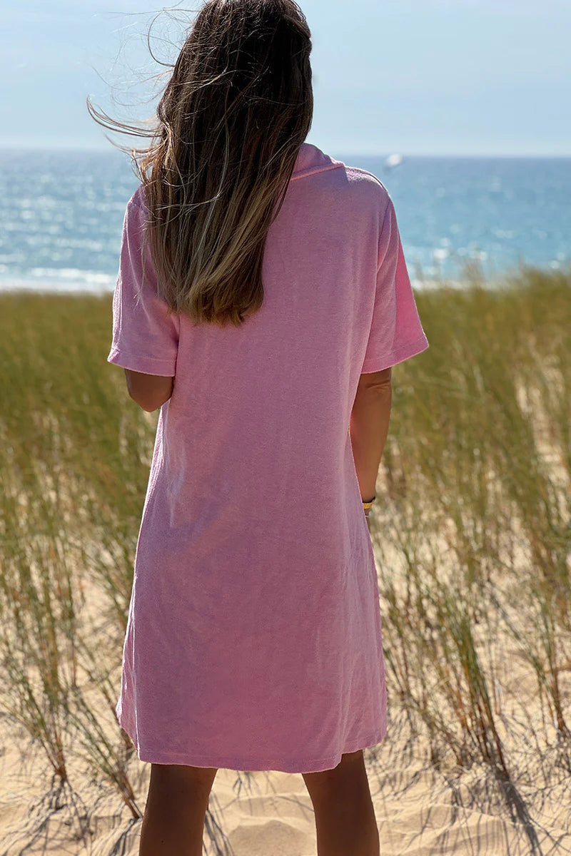 Pink Terry Cloth Collared V-Neck Dress