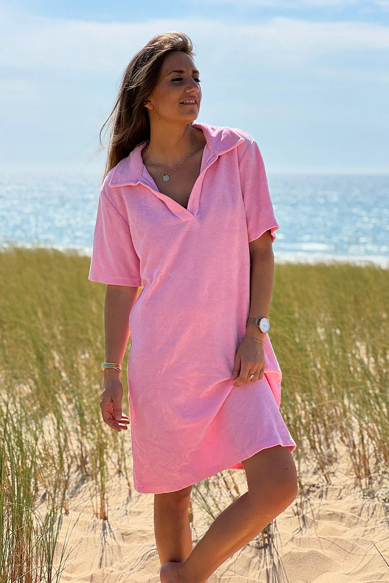 Pink Terry Cloth Collared V-Neck Dress