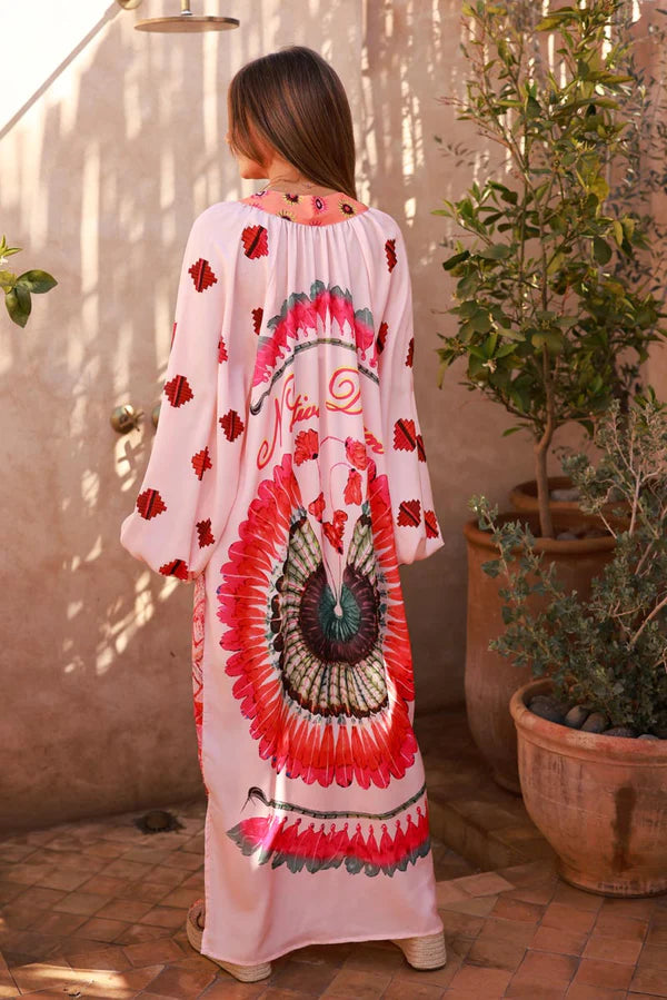 Pink Tribal Print Viscose Blouson Sleeve Maxi Dress
